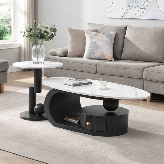 Nesting Coffee Table Set - Oval & Round | MDF+Iron in modern living room with gray sofa and decor. Stylish accent tables for contemporary interiors.