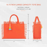 Orange tote bag with fringe details and measurements on a white background