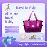 Purple travel bag with text highlighting features on a purple background
