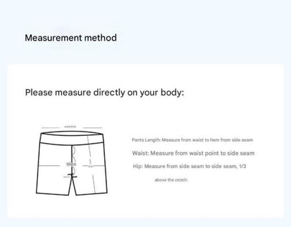 Measurement guide for Yoga Shorts Tummy Control - High Waist showing how to measure waist, hips, and pants length on the body.