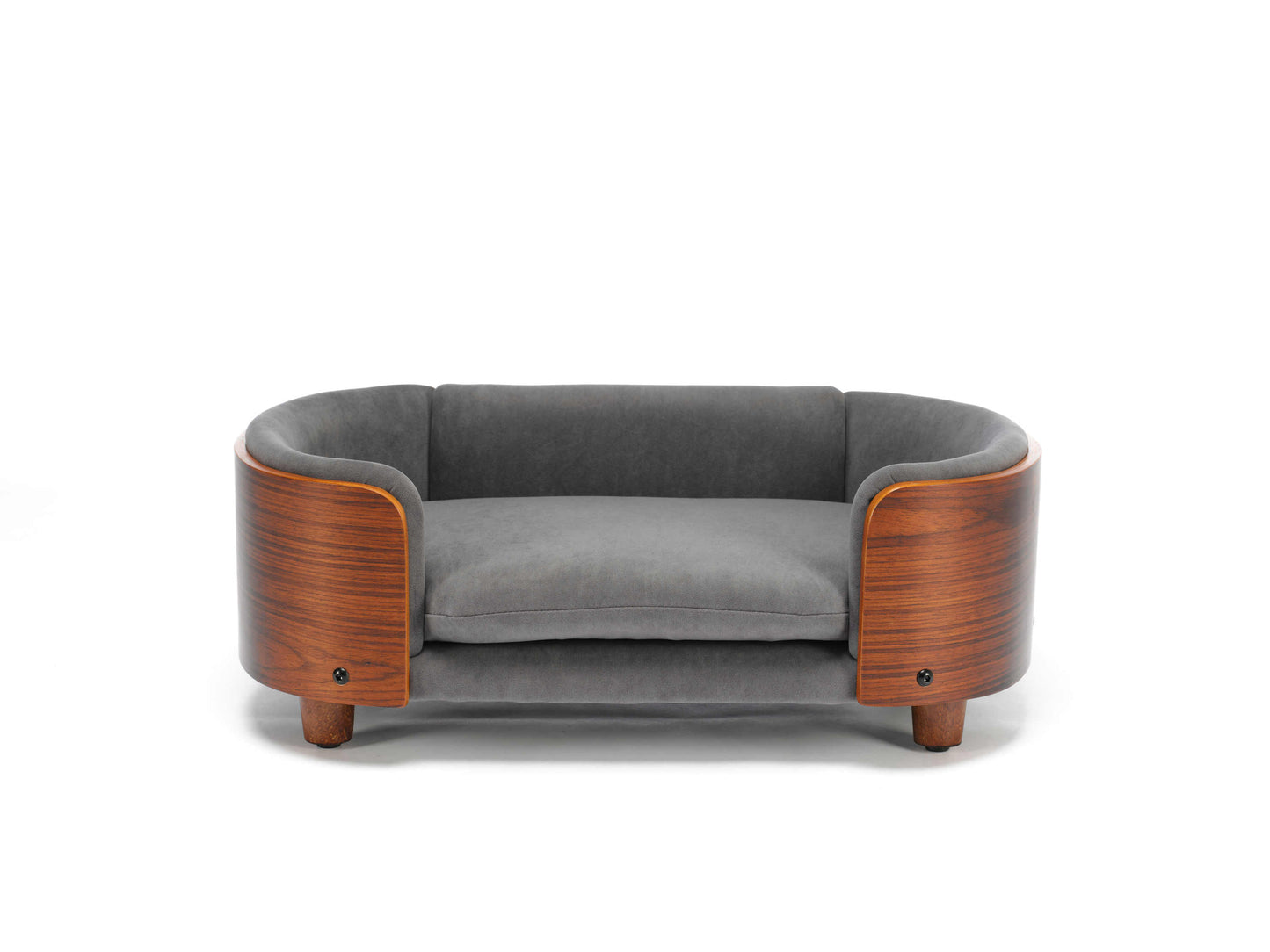 Front view of small Scandinavian Elevated Dog Bed featuring a curved solid wood frame and plush grey velvet cushion for luxury pet lounging.