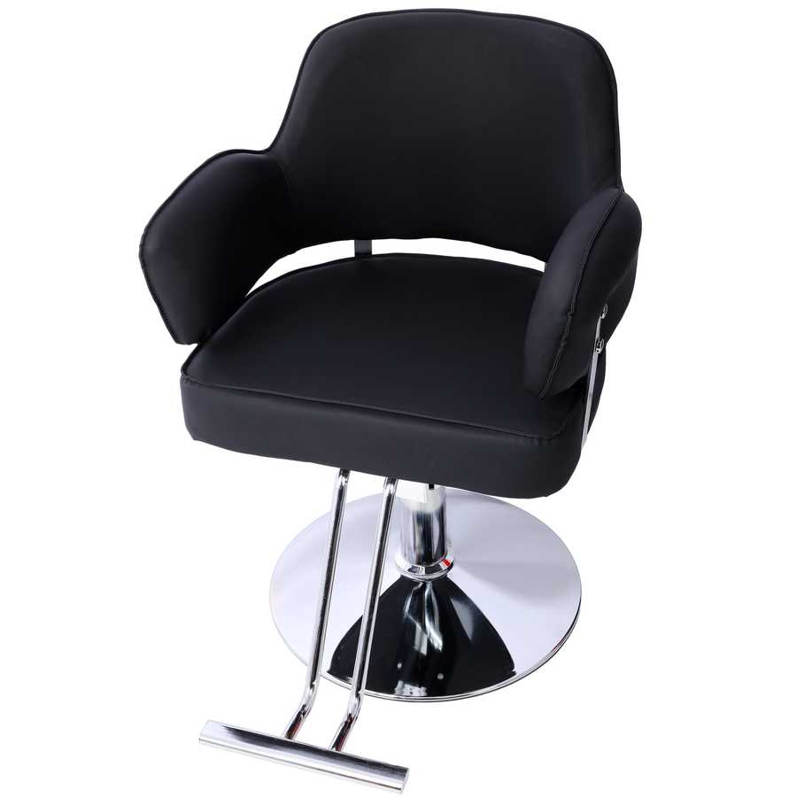 Salon Styling Chair for Hair Stylists with black upholstery and chrome base, designed for comfort and durability in salons.