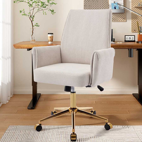 White corduroy ergonomic office chair with golden base placed in a stylish home office, perfect for work or study environments.