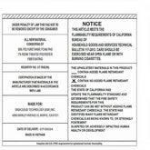 Flammability warning label for upholstered furniture with text and checkboxes.
