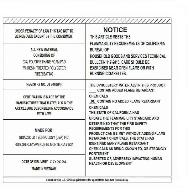Flammability warning label for upholstered furniture with text and checkboxes.
