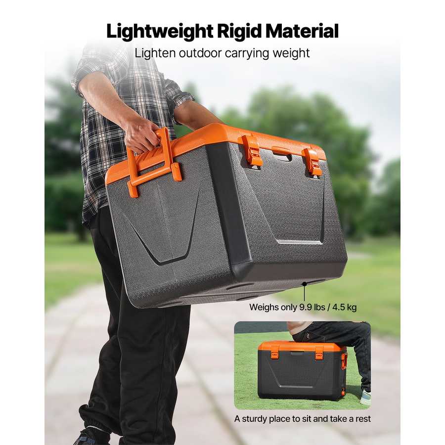 Person carrying a large gray and orange toolbox outdoors