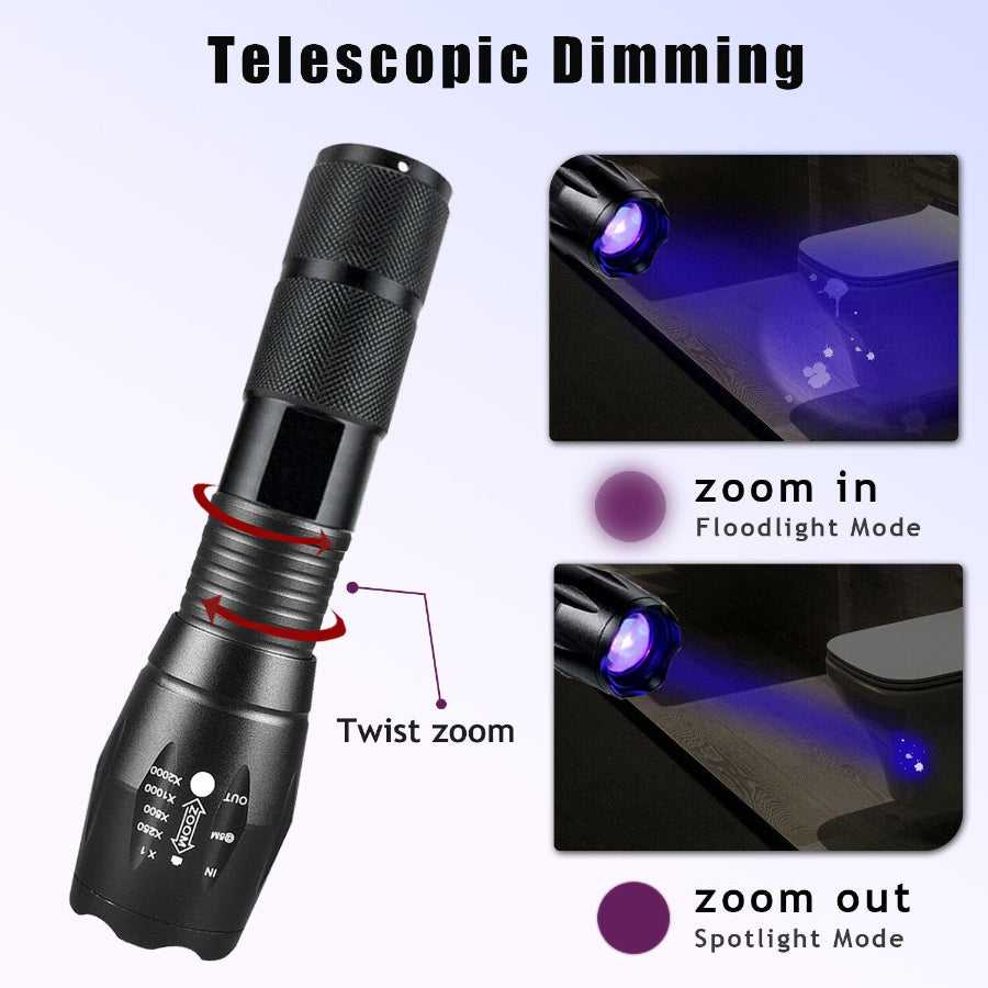 Zoomable LED UV Flashlight Detection Lamp with telescopic dimming for floodlight and spotlight modes, perfect for detailed inspections.