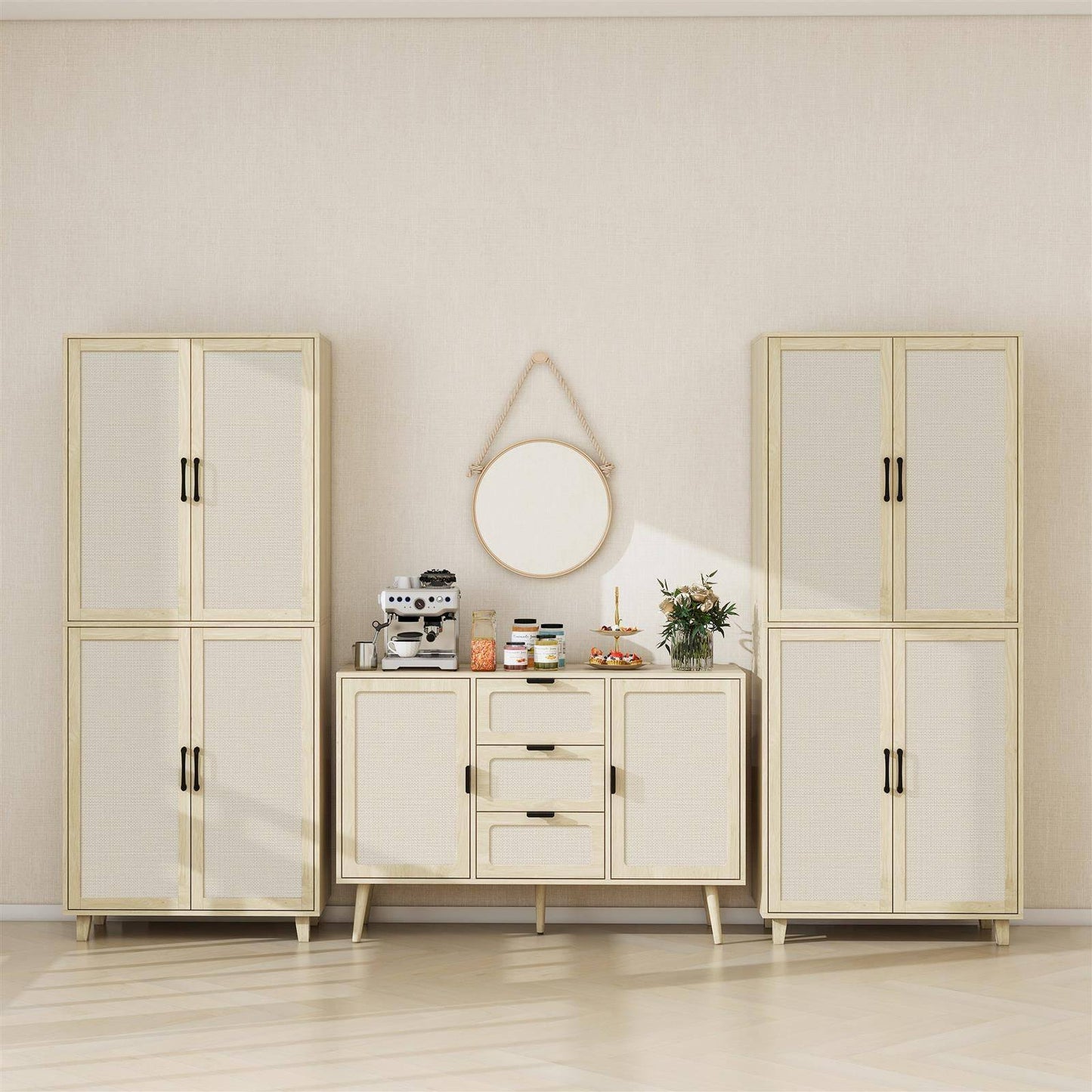 4 Door Cabinet, with 4 Adjustable Inner Shelves, Storage Cabinet