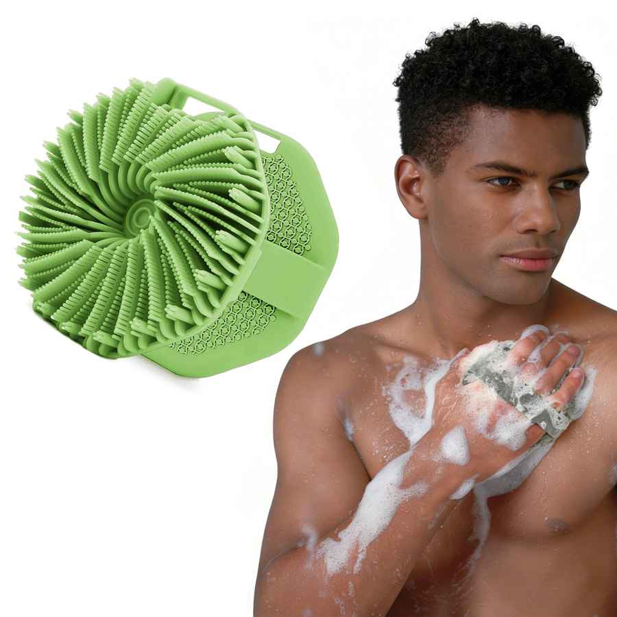 Man using a green scrubber on his skin with a close-up of the scrubber on a white background.