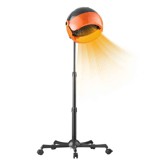 Orange hair dryer on a stand with a white background