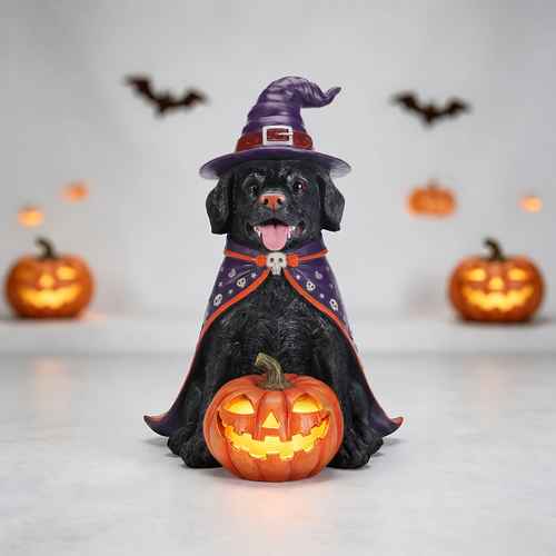Black Labrador Halloween statue with witch hat, cape, and glowing pumpkin, perfect for spooky holiday decor