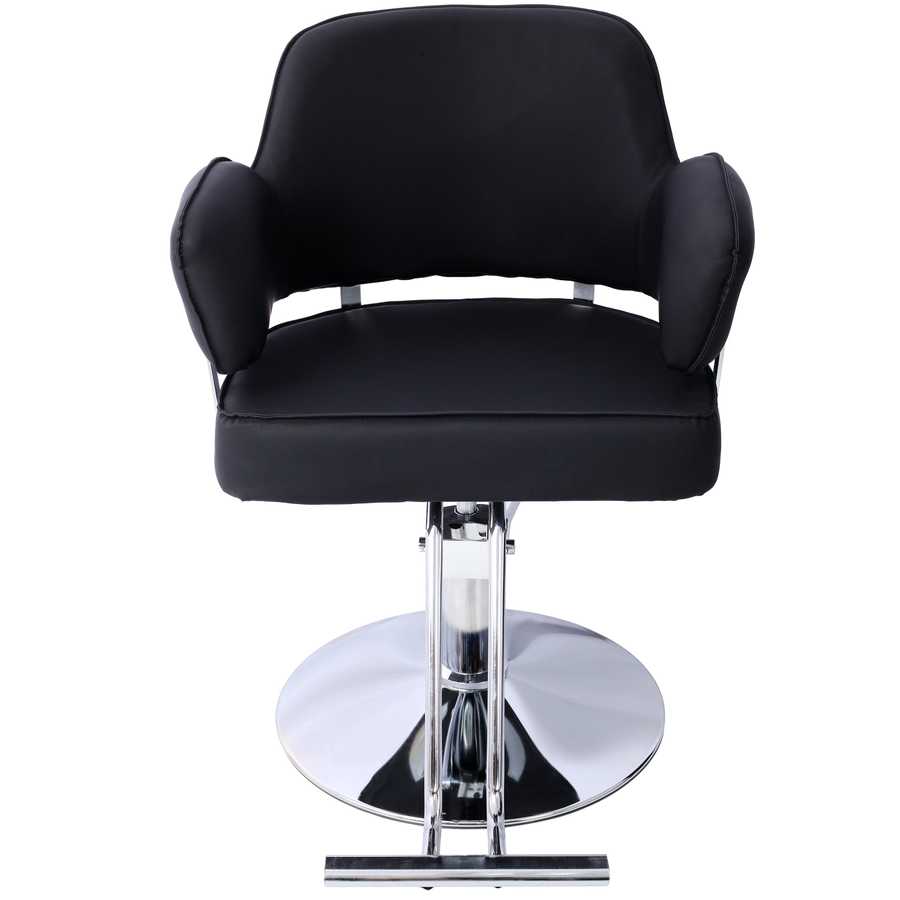 Salon Styling Chair for Hair Stylists in black PU leather with ergonomic design and chrome base, front-facing view.