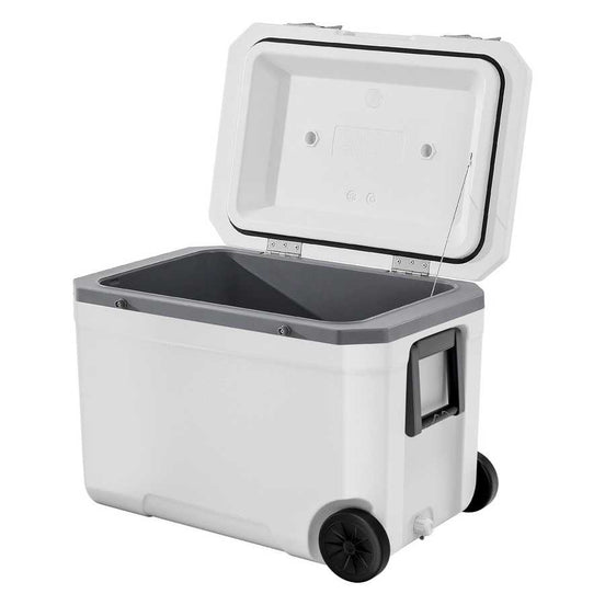 White cooler box with wheels on a white background