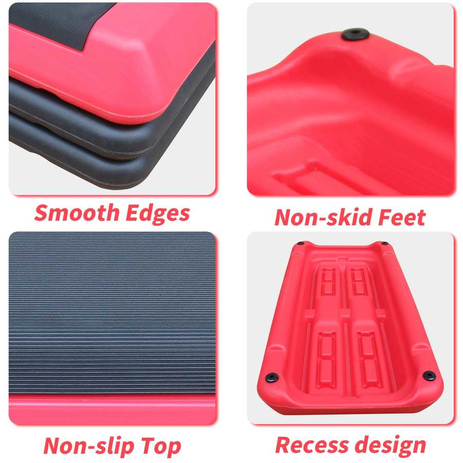 Detailed features of Aerobic Stepper Platform including smooth edges, non-slip top, non-skid feet, and recessed base design.