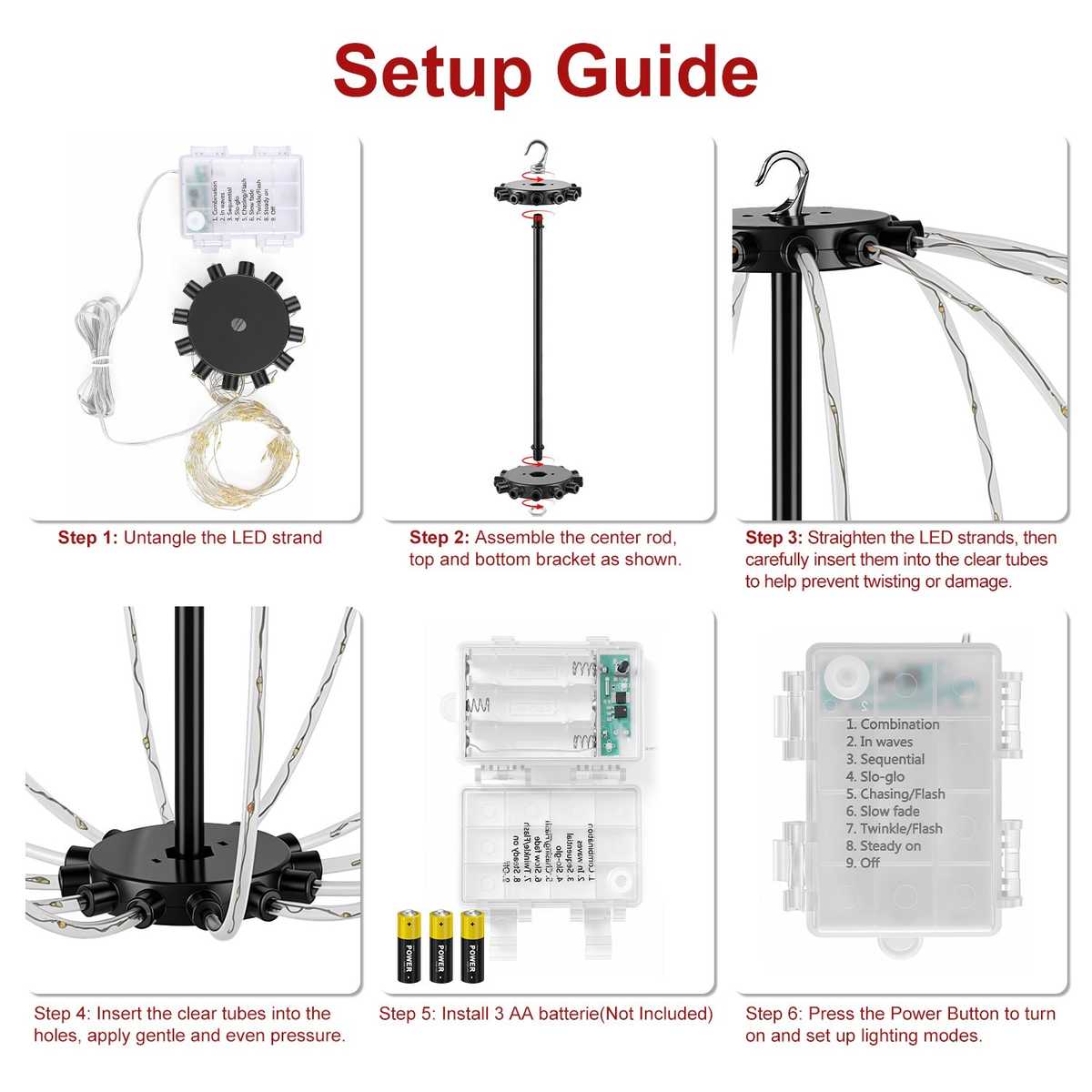 Setup guide for assembling the LED Christmas ball lights and battery box (3 AA not included)