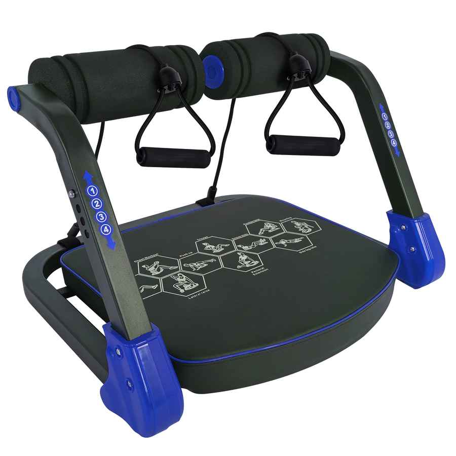 Black and blue exercise device with handles on a white background