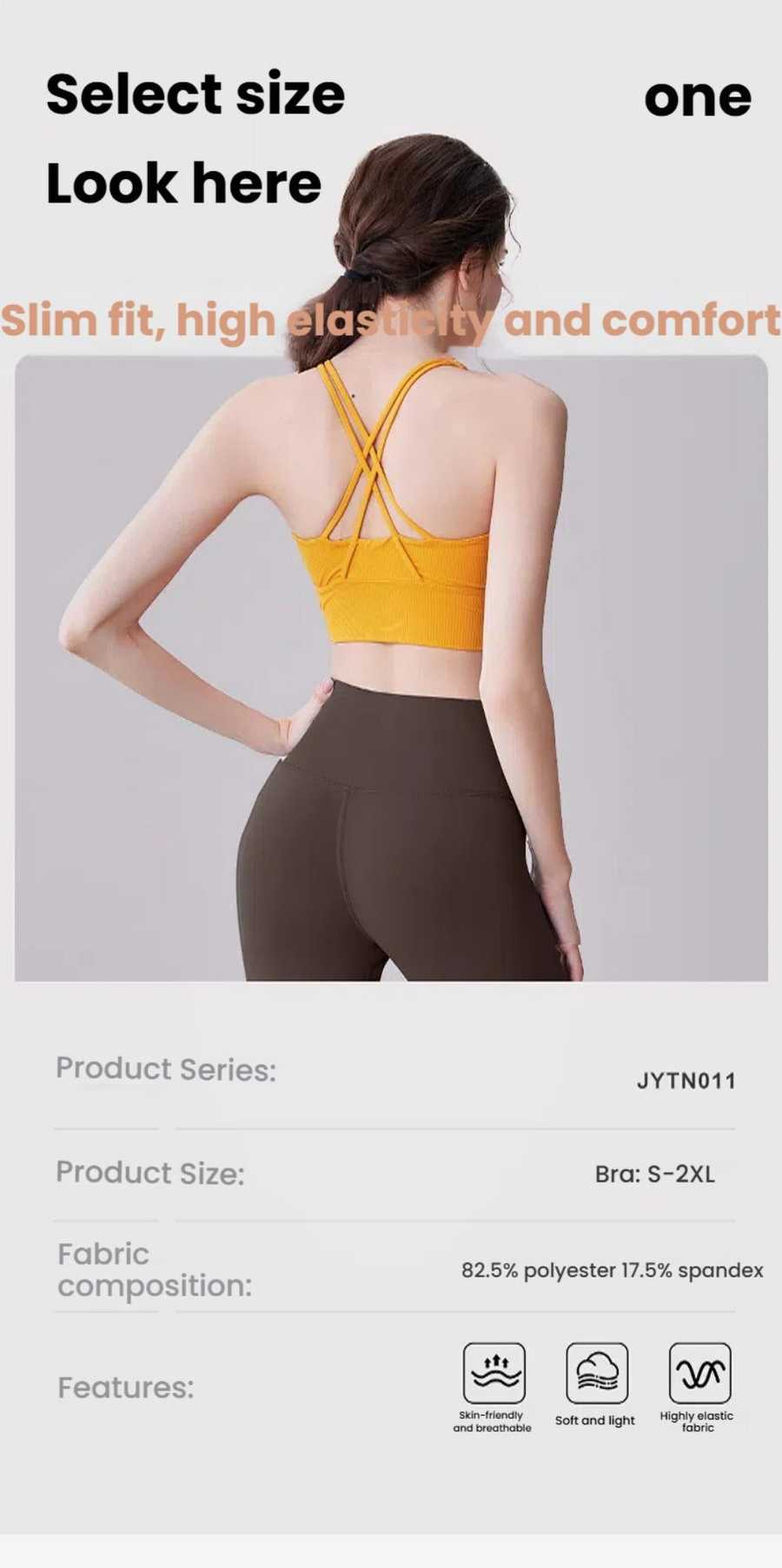 Back view of Yoga Clothes Top - Slim Fit with product specs, highlighting polyester-spandex blend and features like elasticity and softness.