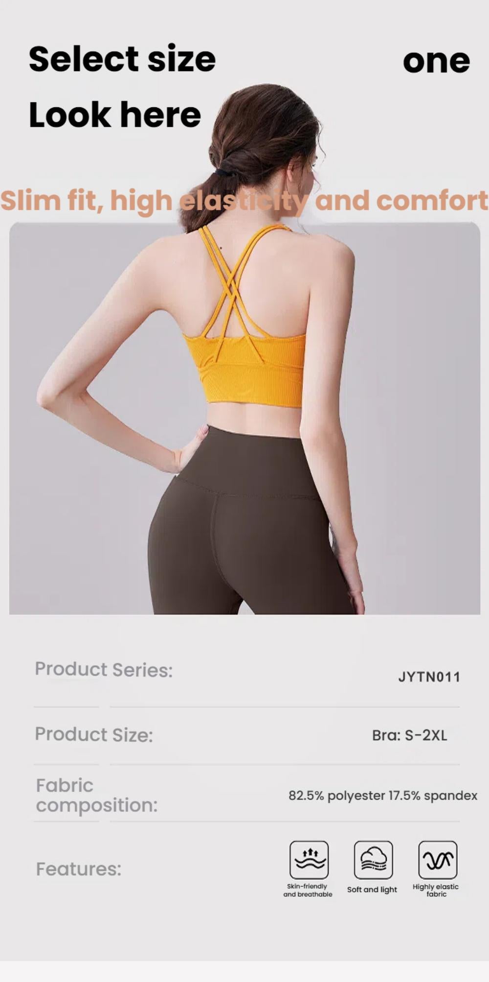 Back view of Yoga Clothes Top - Slim Fit with product specs, highlighting polyester-spandex blend and features like elasticity and softness.