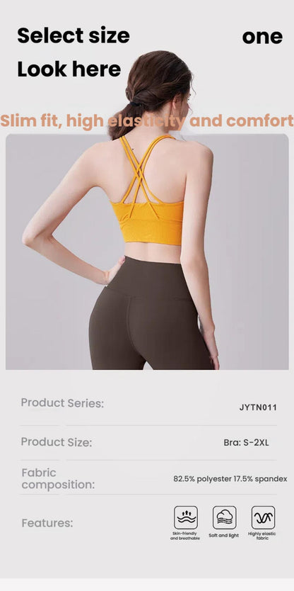 Back view of Yoga Clothes Top - Slim Fit with product specs, highlighting polyester-spandex blend and features like elasticity and softness.