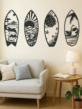 Metal surfboard wall art displayed in a living room, adding a beach house vibe with durable iron cutouts of waves, turtles, and tropical scenes.