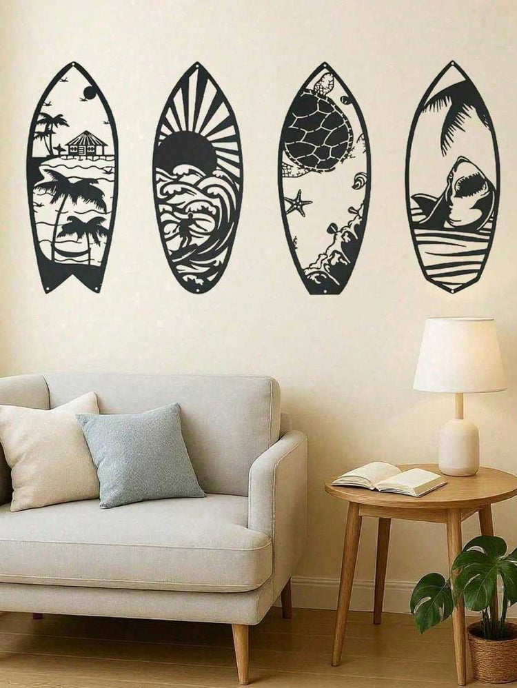 Metal surfboard wall art displayed in a living room, adding a beach house vibe with durable iron cutouts of waves, turtles, and tropical scenes.
