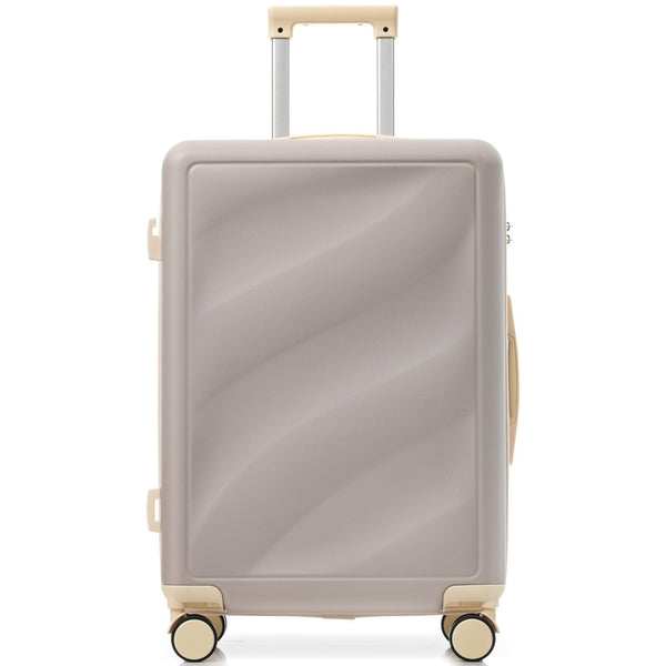 Front view of medium-sized durable lightweight suitcase with TSA lock and spinner wheels, ideal for secure and stylish travel.