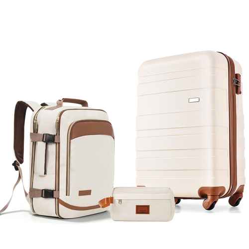A three-piece luggage set including a hardshell spinner suitcase, a matching backpack, and a small zippered pouch, all in cream with brown accents, shown on a white background.