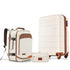 A three-piece luggage set including a hardshell spinner suitcase, a matching backpack, and a small zippered pouch, all in cream with brown accents, shown on a white background.