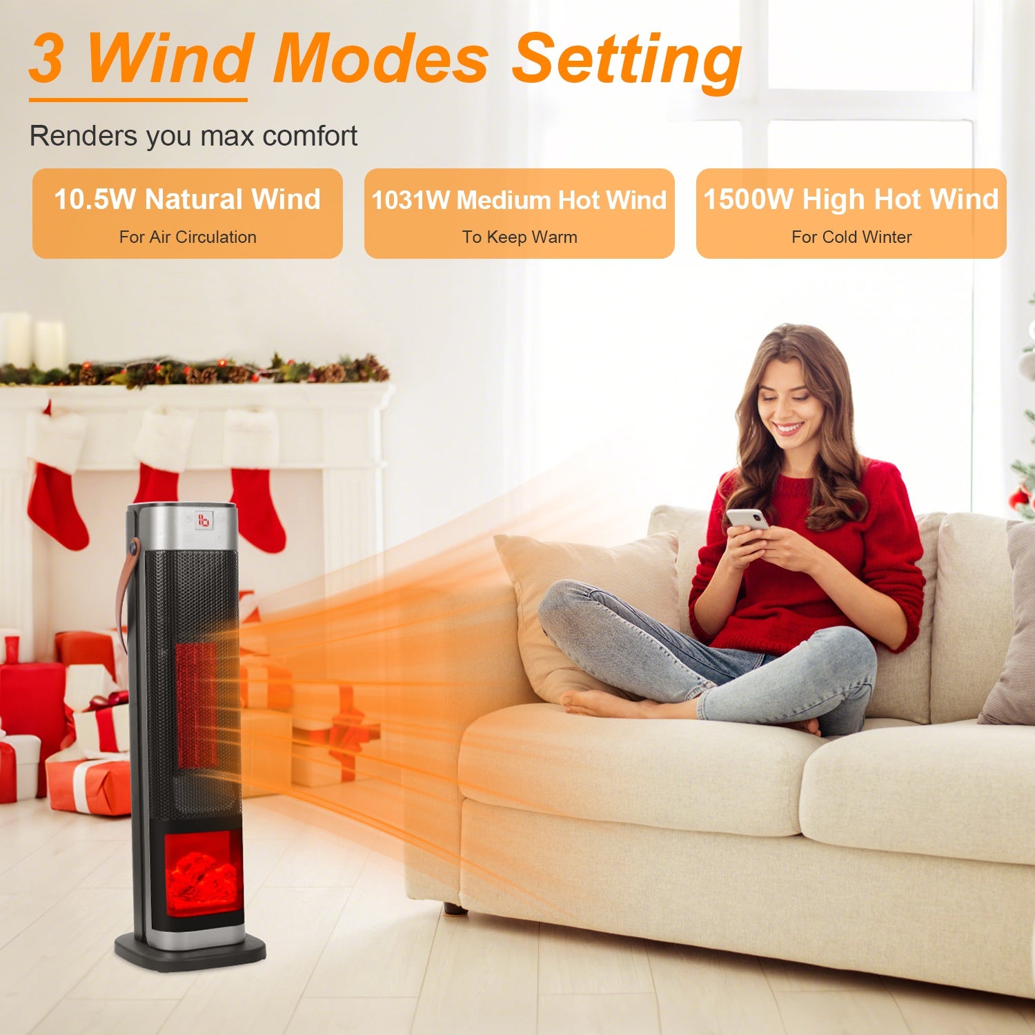 Portable Space Heaters for Indoor Use Large Room, 1500W Oscillating Ceramic Tower Space Heater with 3D Flame Portable Electric Heater with 3 Wind Modes 59-104℉Heating Remote Control 12H Timer Overheat Tip-Over Protection for Bedroom Office