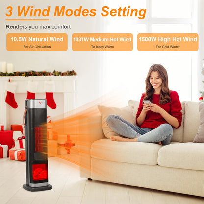 Portable Space Heaters for Indoor Use Large Room, 1500W Oscillating Ceramic Tower Space Heater with 3D Flame Portable Electric Heater with 3 Wind Modes 59-104℉Heating Remote Control 12H Timer Overheat Tip-Over Protection for Bedroom Office