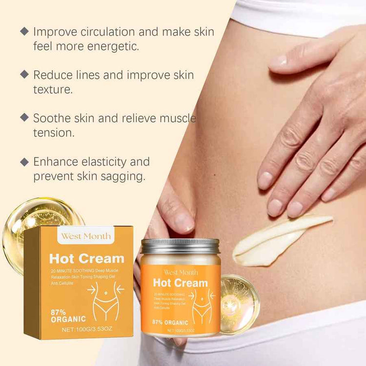 West Month Hot Cream packaging with a jar and box, applied to skin with a hand.