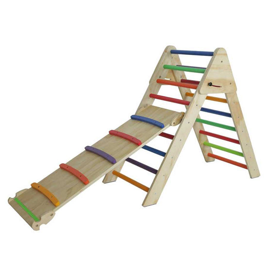 Wooden climbing toy with colorful rungs on a white background