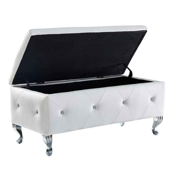 White storage bench with black interior on a white background