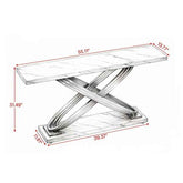 A dimension diagram of a modern console table with a marble-look top and base, featuring an X-shaped twisted metal pedestal. Red lines and text indicate measurements of 55.