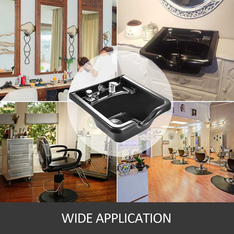 Collage of a salon interior with a black sink, mirrors, and chairs, labeled &