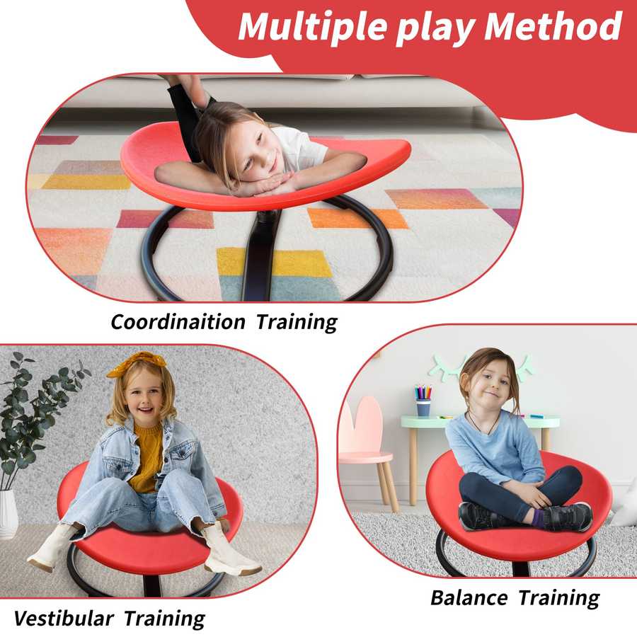 Red balance chair being used for coordination, vestibular, and balance training with children.