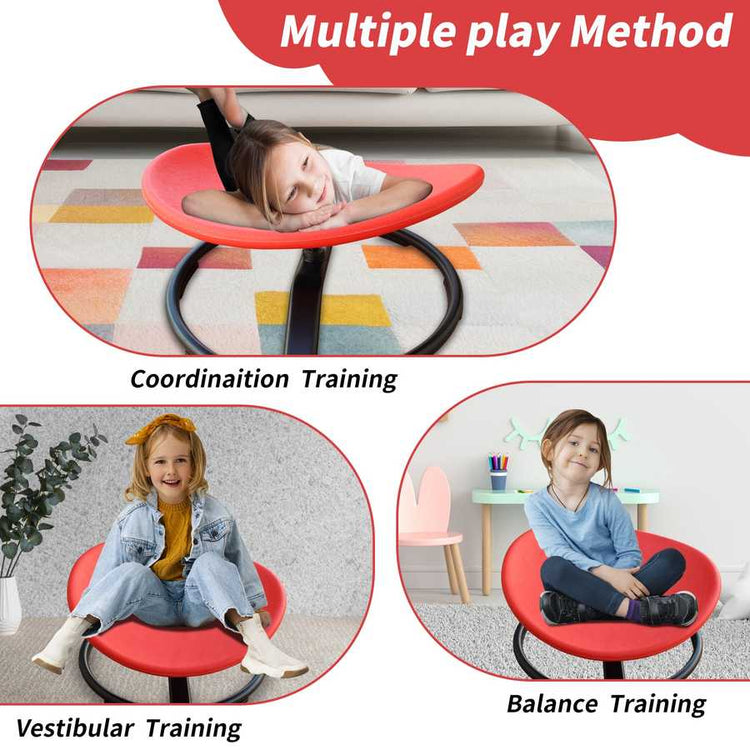 Red balance chair being used for coordination, vestibular, and balance training with children.