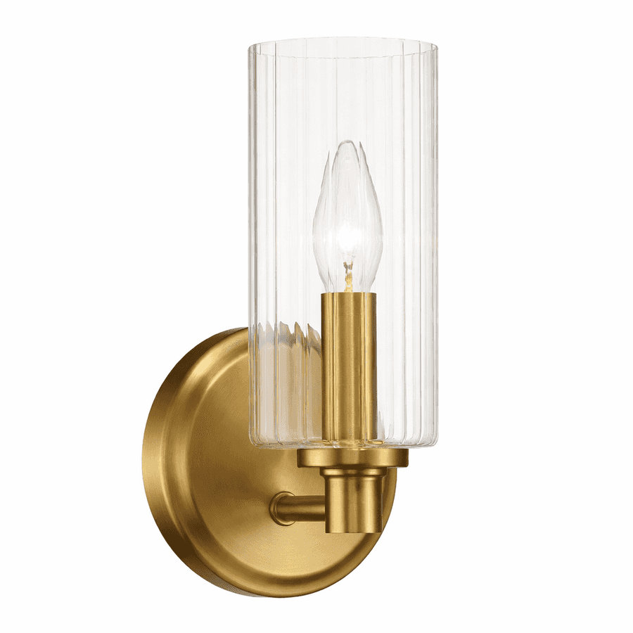 Gold wall sconce with clear glass shade on a white background