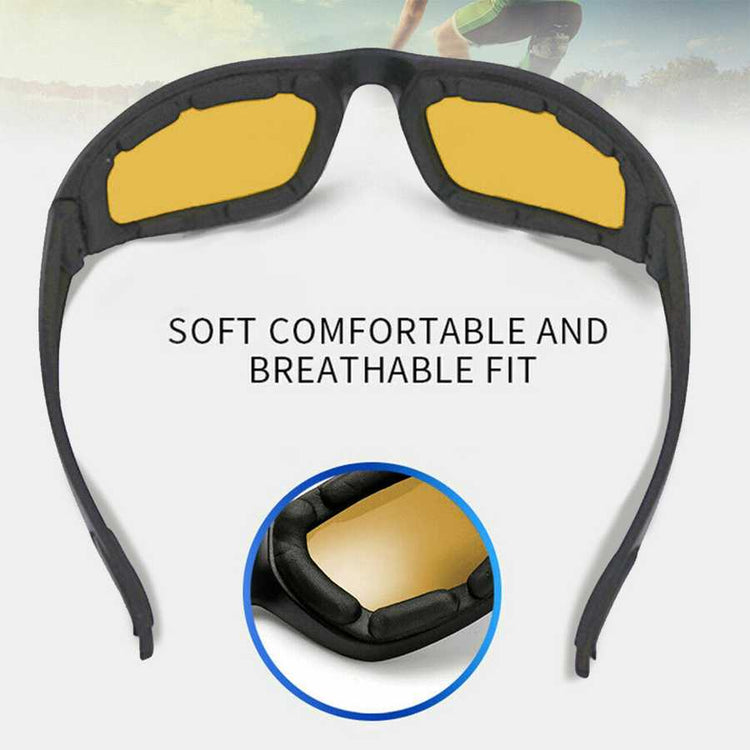 Sunglasses with yellow lenses and black frame on a white background, highlighting comfort features.