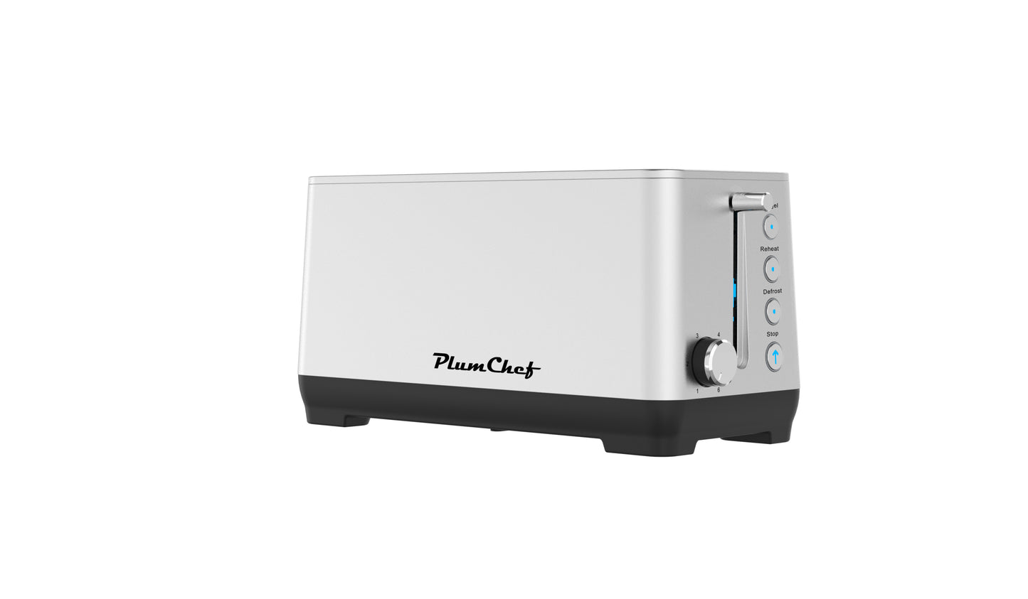 PlumChef 4-Slice Toaster with Wide Slots - sleek stainless steel body and ergonomic lever, designed for stylish and functional kitchen use.