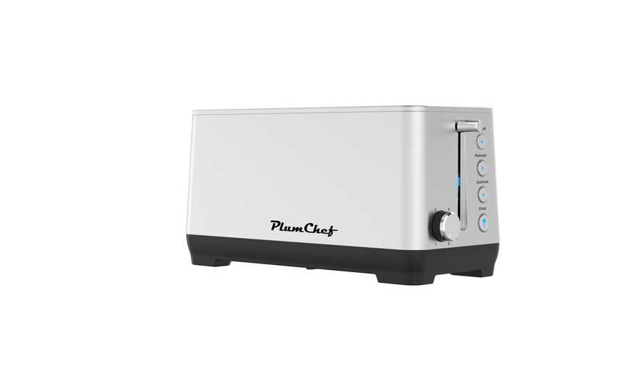 PlumChef 4-Slice Toaster with Wide Slots - sleek stainless steel body and ergonomic lever, designed for stylish and functional kitchen use.