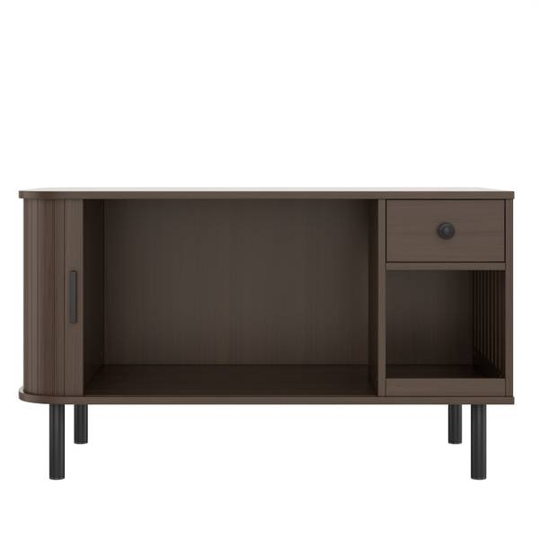 Cat litter box enclosure with storage drawer and charging station in modern brown wood finish. Features sliding door and elevated legs for easy cleaning.