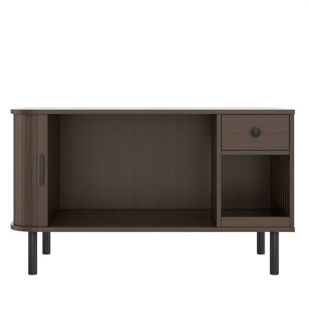 Cat litter box enclosure with storage drawer and charging station in modern brown wood finish. Features sliding door and elevated legs for easy cleaning.