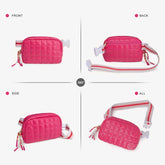 Pink quilted bag with a strap shown from multiple angles on a white background