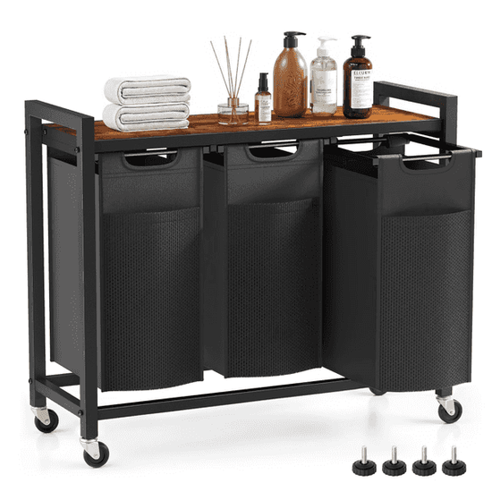Laundry Hamper with 3 Pull-Out Removable Laundry Bags Clothing Sorter with Shelf and Wheels(Adjustable feet), 3 x 8.6 Gallons (32.5 Liters) for Laundry Rooms, Bathrooms and Dorms