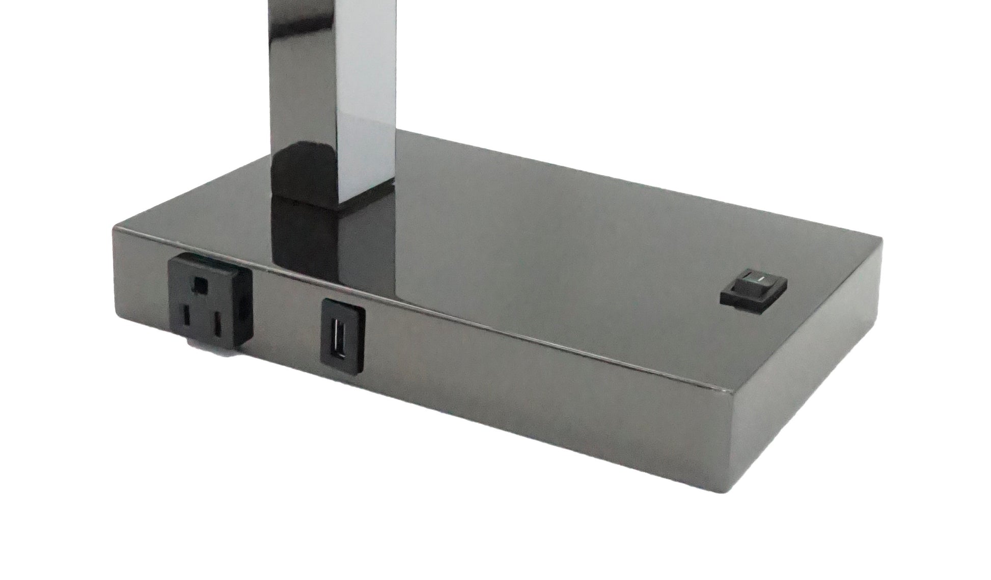 Close-up of LED Desk Lamp base showing USB port, power outlet, and on/off switch, highlighting modern convenience and utility.