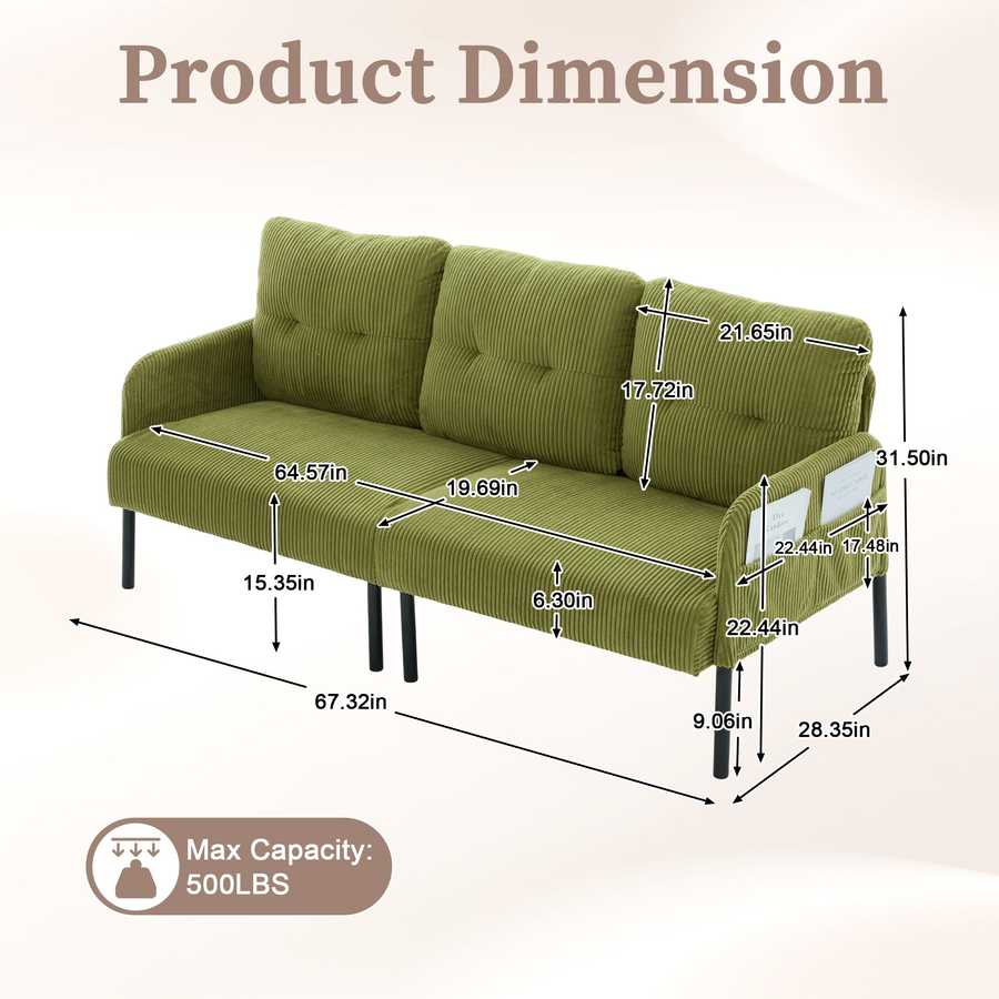 Green sofa with dimensions labeled on a beige background