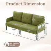 Green sofa with dimensions labeled on a beige background