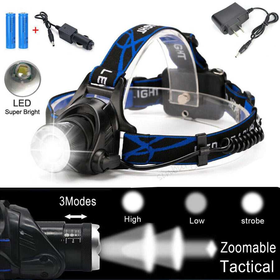 Rechargeable LED Headlamp with zoomable focus and 3 lighting modes, includes charger and batteries for camping and hiking.