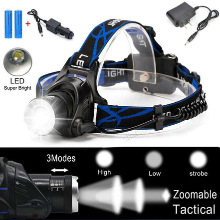 Rechargeable LED Headlamp with zoomable focus and 3 lighting modes, includes charger and batteries for camping and hiking.